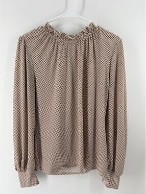 Adriana Papell Pink Black Polka Dot Blouse Medium Ruffle Neck Long Sleeve Blouse
